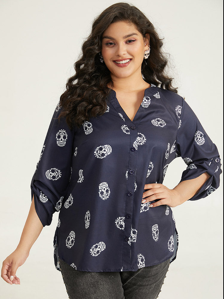 Halloween Skull Print Notched Tab Sleeve Blouse