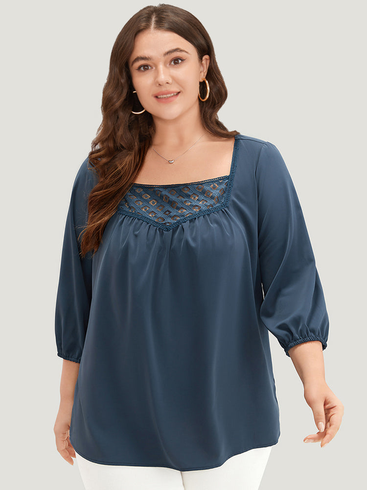 Anti-Wrinkle Square Neck Lace Panel Gathered Blouse