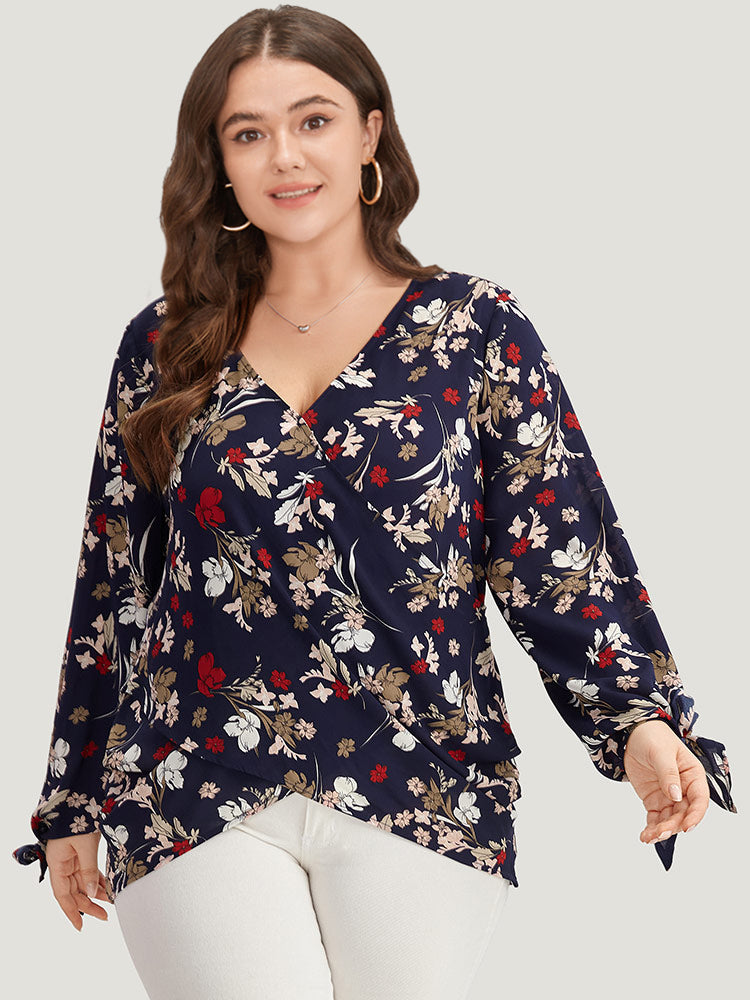 Floral V Neck Wrap Twist Sleeve Blouse