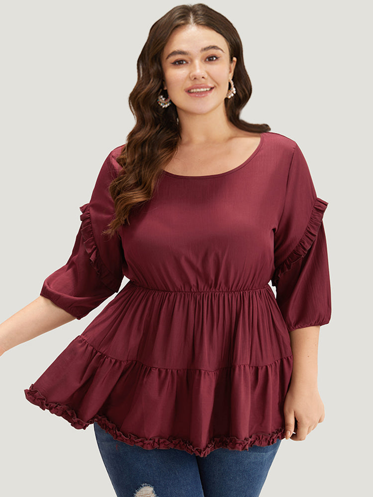 Plain Frill Trim Layered Hem Lantern Sleeve Blouse