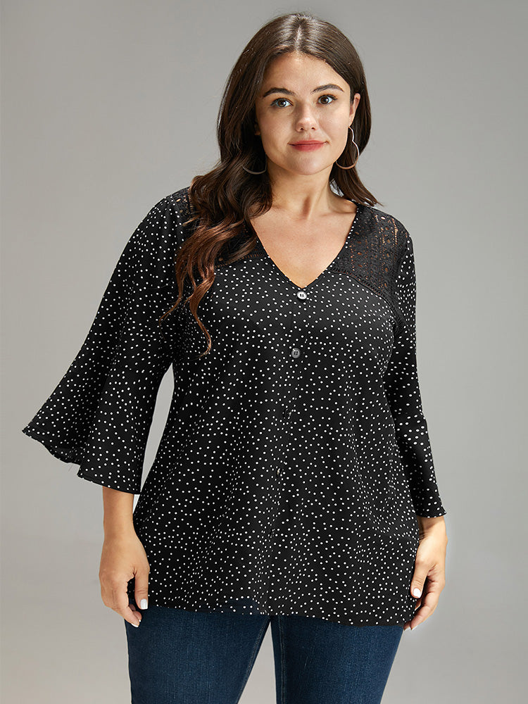 Polka Dot Crochet Lace Button Detail Blouse