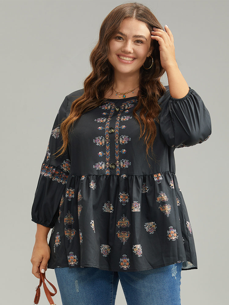 Boho Print Lantern Sleeve Button Detail Blouse