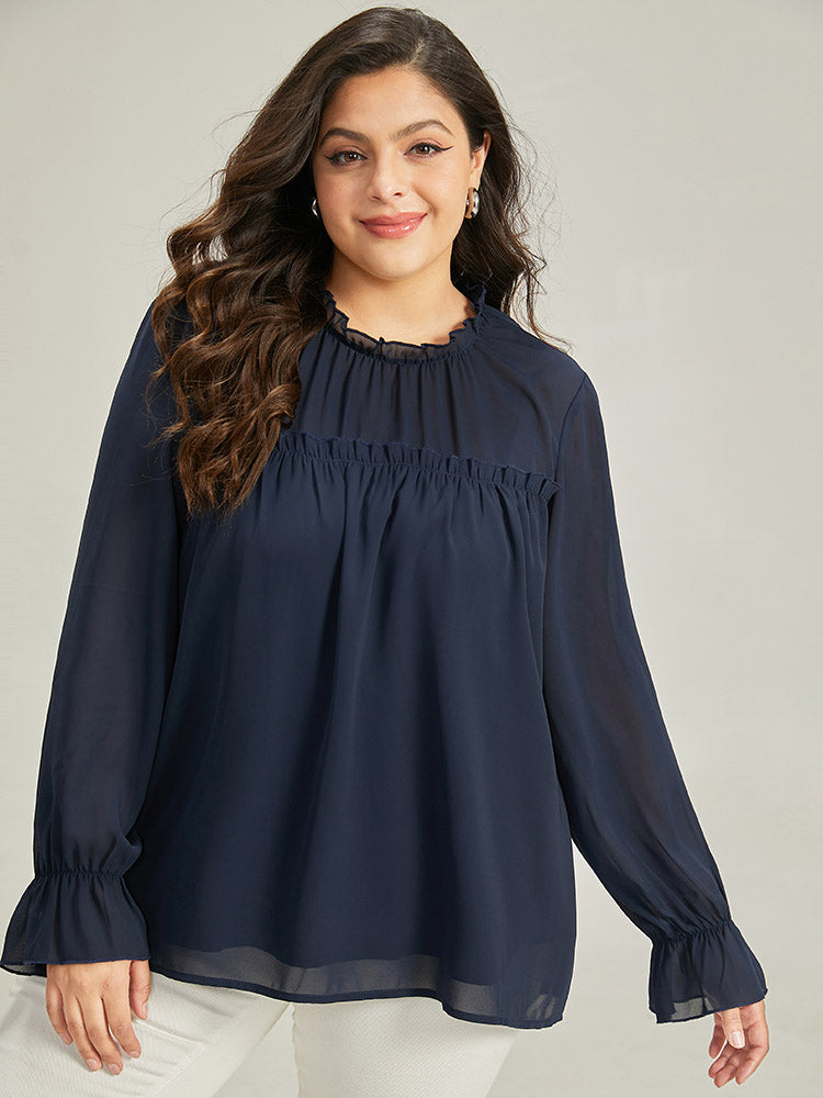 Anti-Wrinkle Frill Trim Lantern Sleeve Blouse