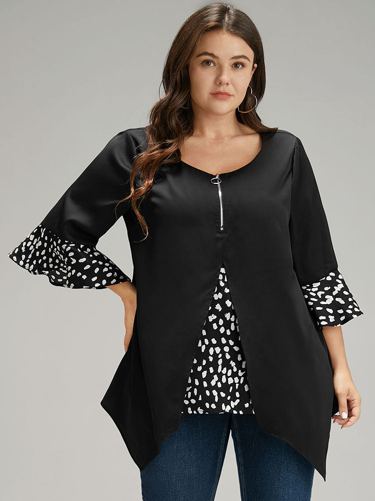 Water Drop Patchwork Ruffles Half Zip Blouse