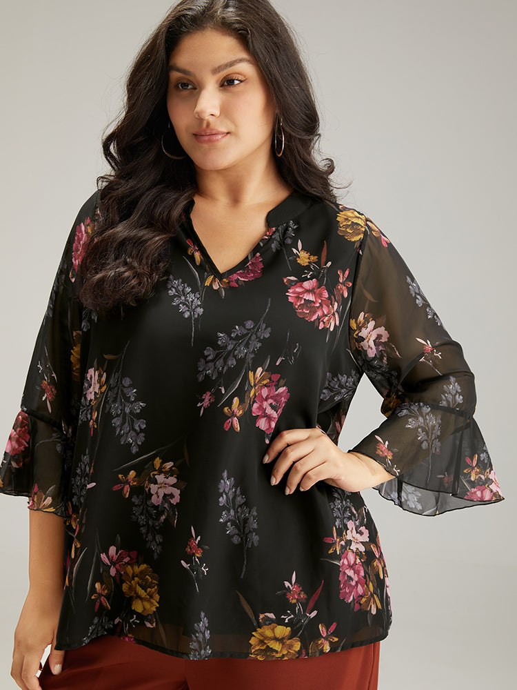 Floral Mesh Ruffle Sleeve Blouse