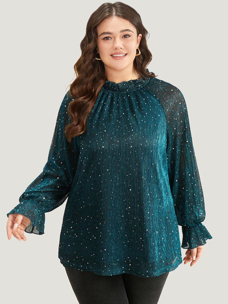 Halloween Sequin Stand Collar Rhinestone Mesh Blouse