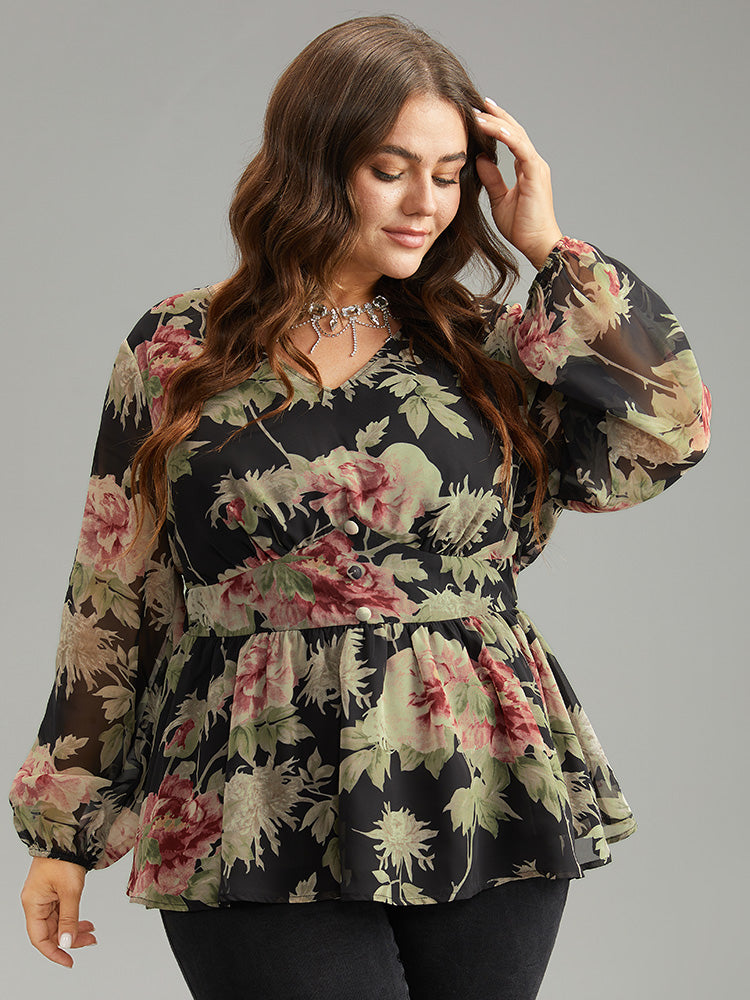 Floral Flutter Hem Elastic Waist Blouse