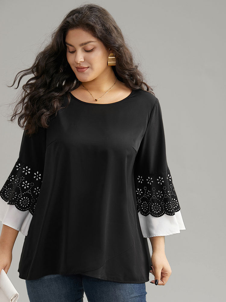 Anti-Wrinkle Laser Cut Contrast Ruffles Blouse