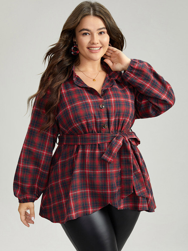 Plaid Shirt Collar Belted Button Through Blouse