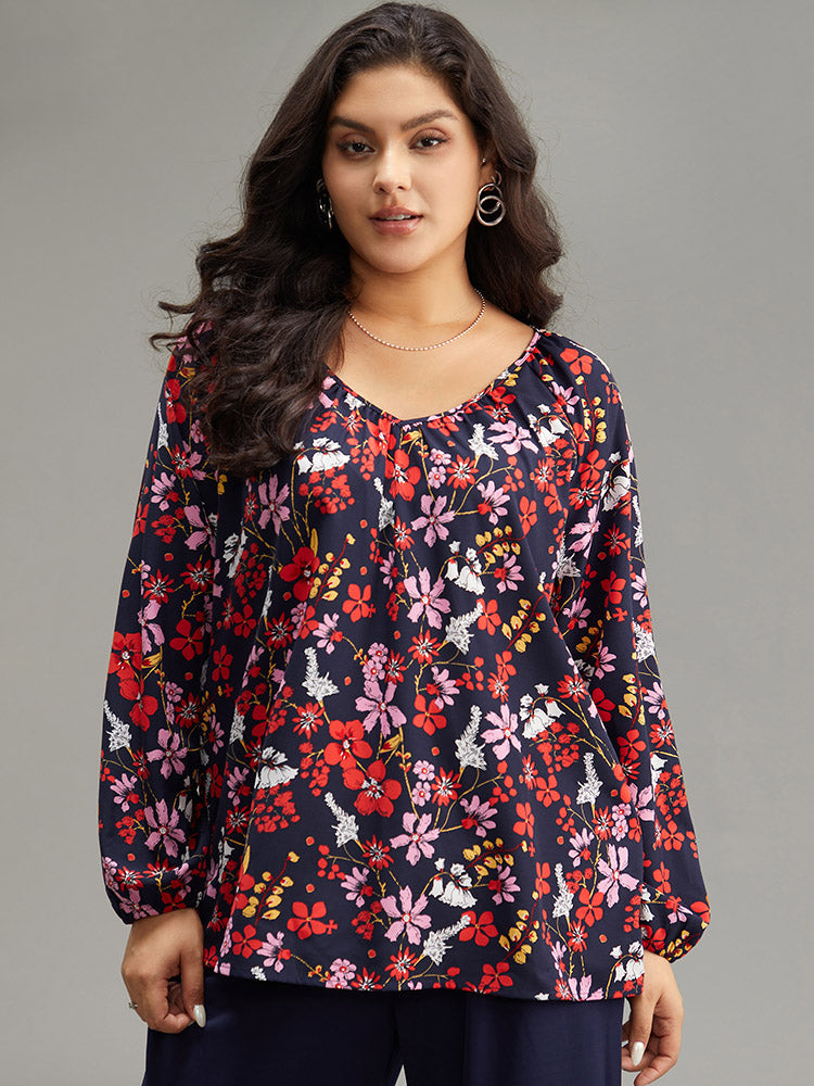 Floral Print Gathered Lantern Sleeve Blouse