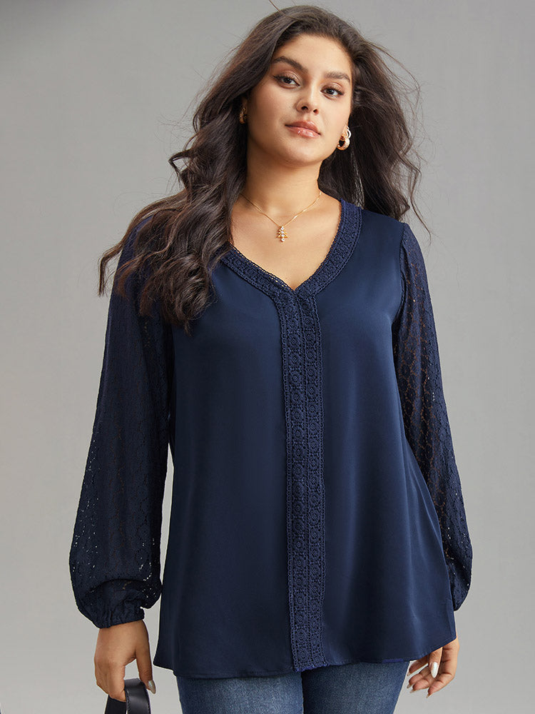 V Neck Guipure Lace Lantern Sleeve Blouse