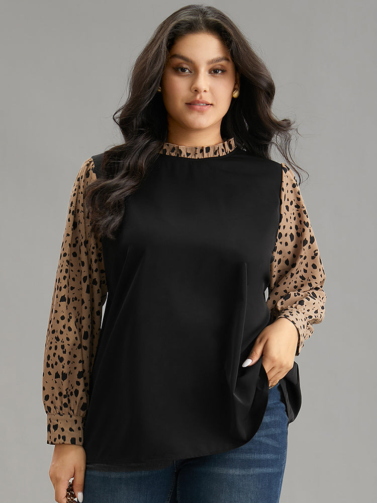 Leopard Patchwork Contrast Frill Trim Blouse