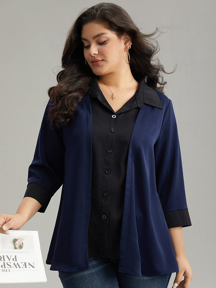 Contrast Patchwork Shirt Collar Button Through Blouse