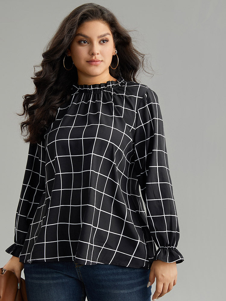 Plaid Stand Collar Ruffles Lantern Sleeve Blouse