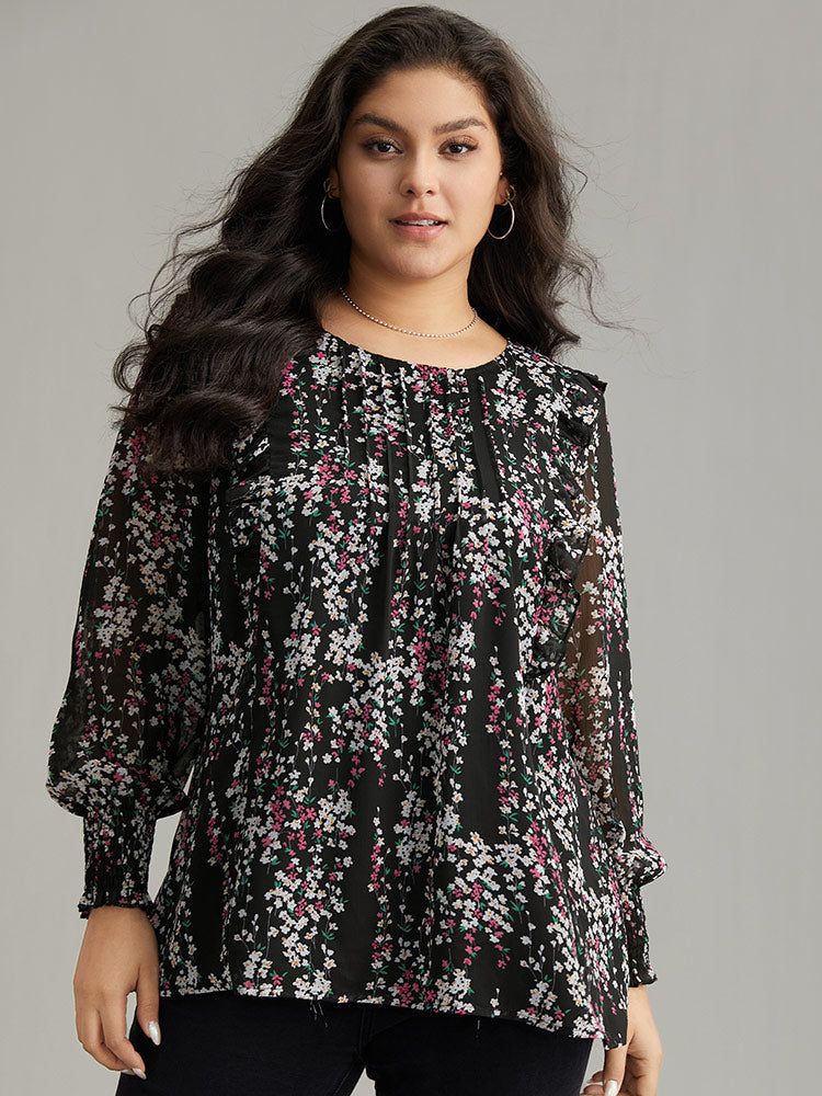 Ditsy Floral Chiffon Ruffles Shirred Pleated Mesh Blouse