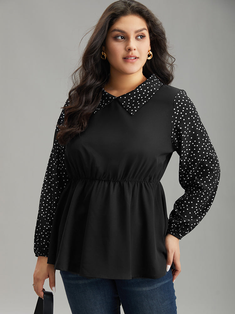 Polka Dot Patchwork Lapel Collar Elastic Waist Blouse