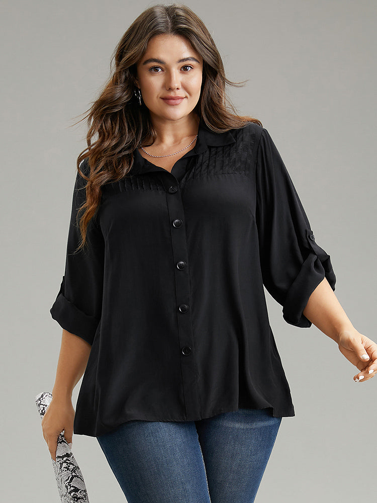 Solid Button Through Roll Tab Sleeve Blouse