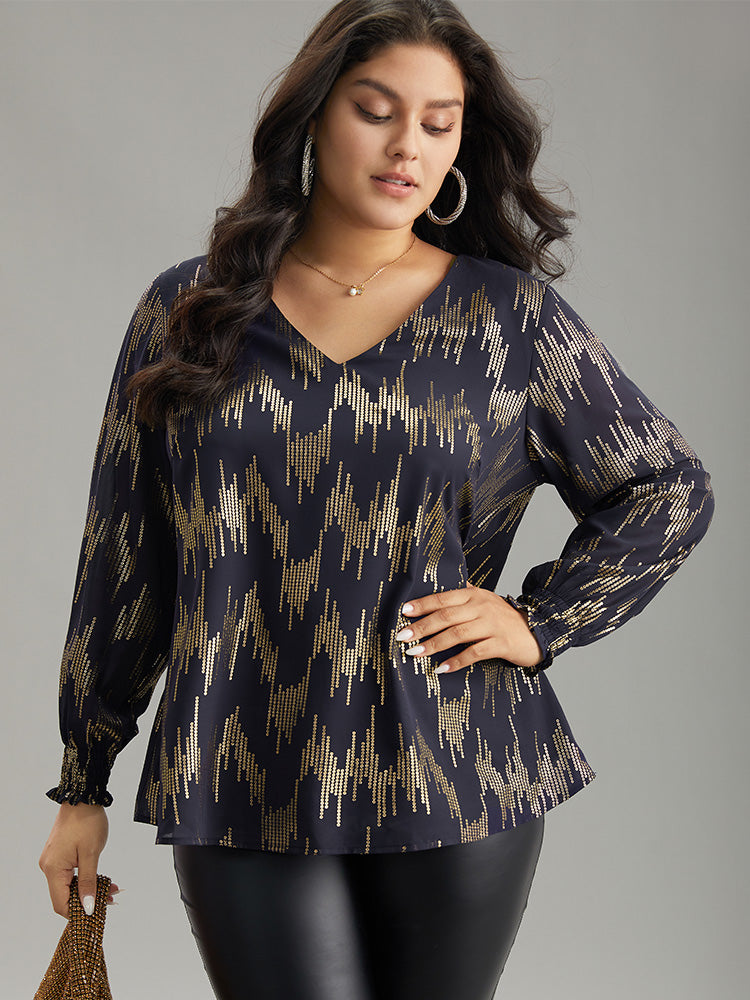 Glitter V Neck Shirred Lantern Sleeve Blouse