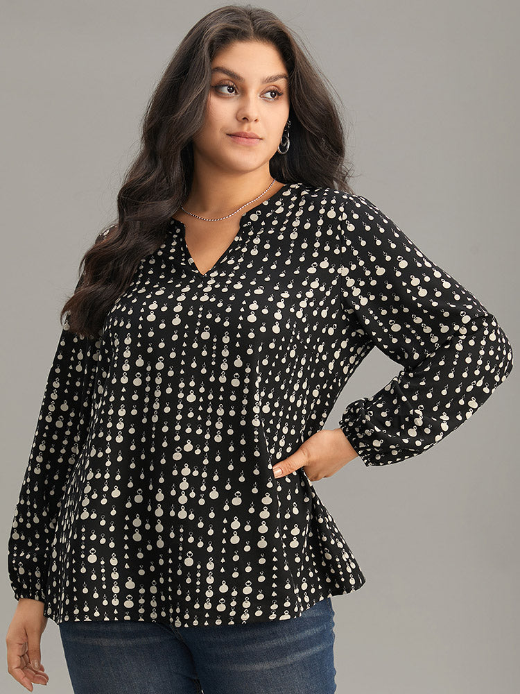 Chain Print Notched Lantern Sleeve Blouse