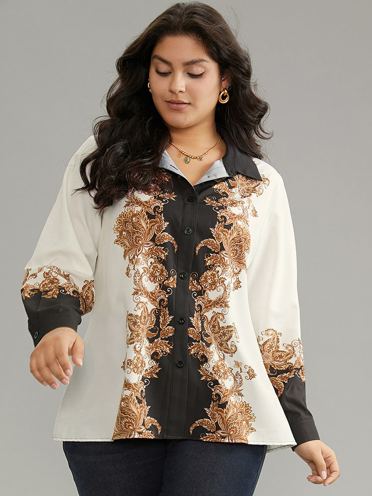 Boho Print Contrast Shirt Collar Blouse