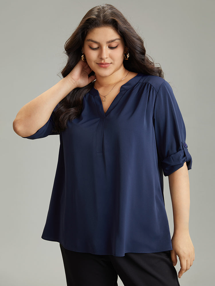 Static-Free Solid Gathered Tab Sleeve Blouse