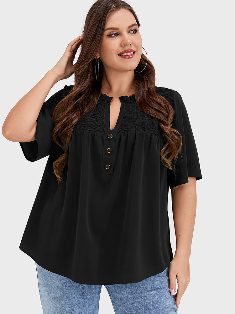 Solid  Shirred Frill Trim Button Notched Neck Blouse