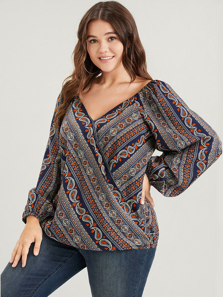 Bandana Striped Lantern Sleeve Button Backless Wrap Blouse