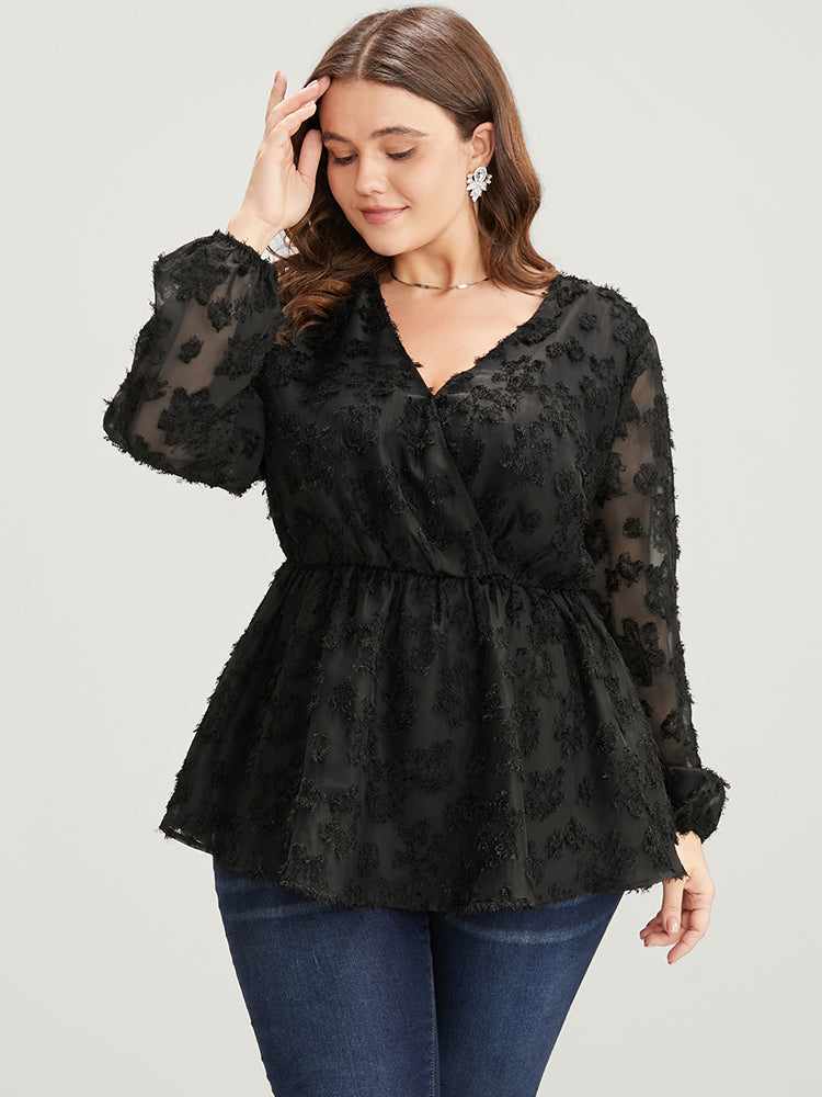 Floral Mesh Lantern Sleeve Surplice Neck Fuzzy Blouse