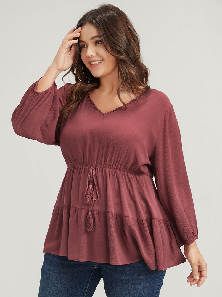 Solid Ruffles Tiered Ties V Neck Blouse