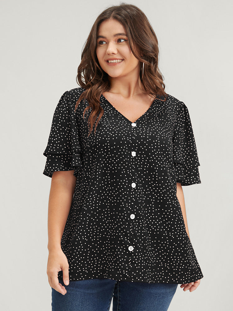 Polka Dot Ruffle Sleeve Button Front Blouse