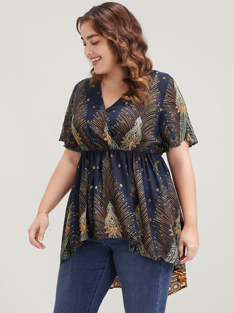 Bandana High Low Hem Flutter Wrap Blouse