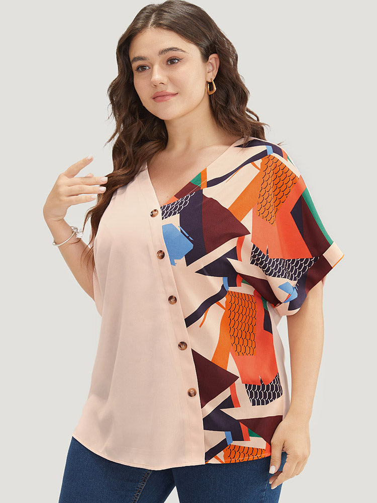 Geometric Contrast Batwing Sleeve Button Detail Wrap Blouse