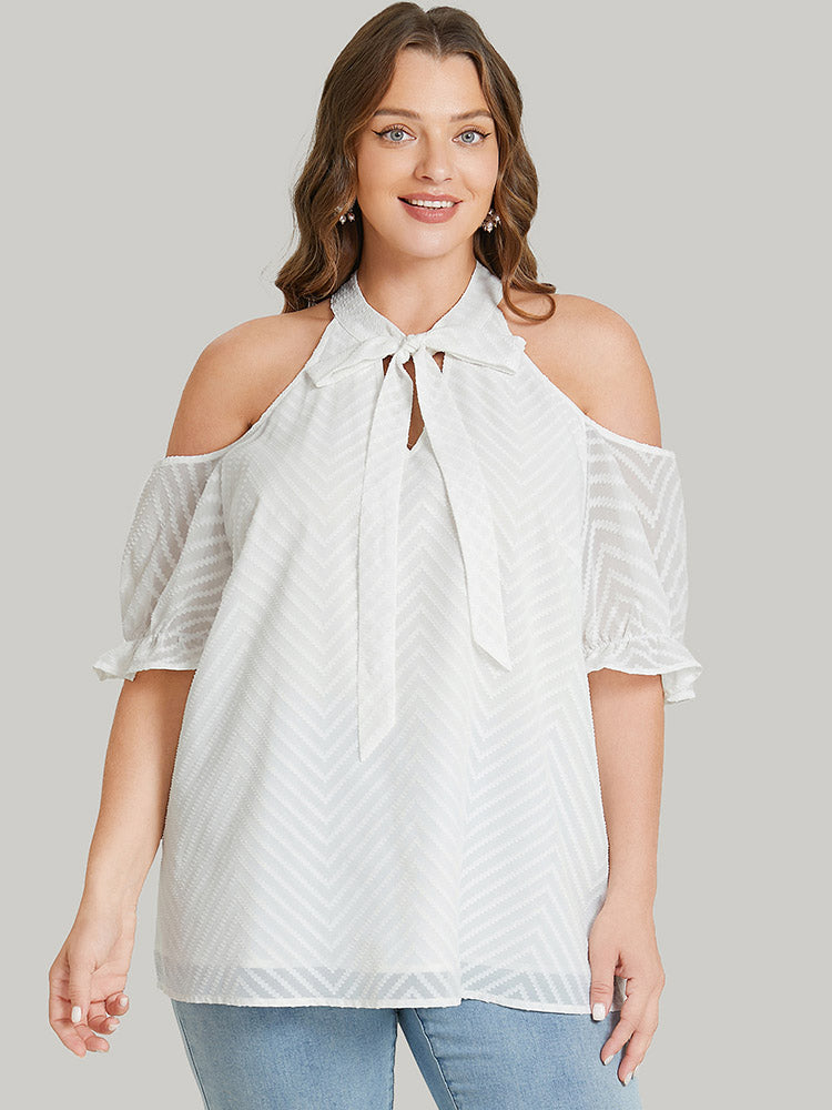 Plain Geometric Knotted Keyhole Cold Shoulder Ruffle Blouse