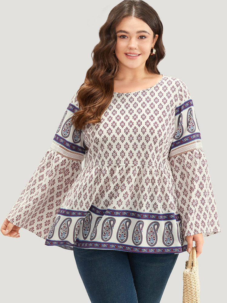 Boho Print Patchwork Lace Crew Neck Flutter Sleeve Blouse