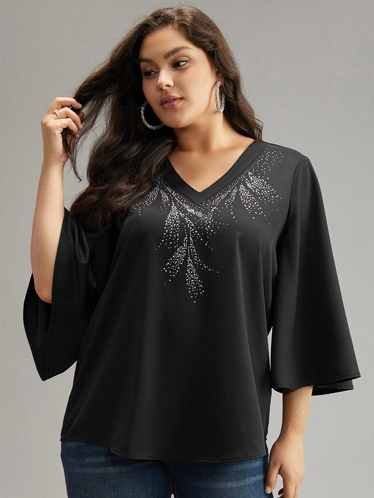 Twill Rhinestone V Neck Ruffle Sleeve Blouse