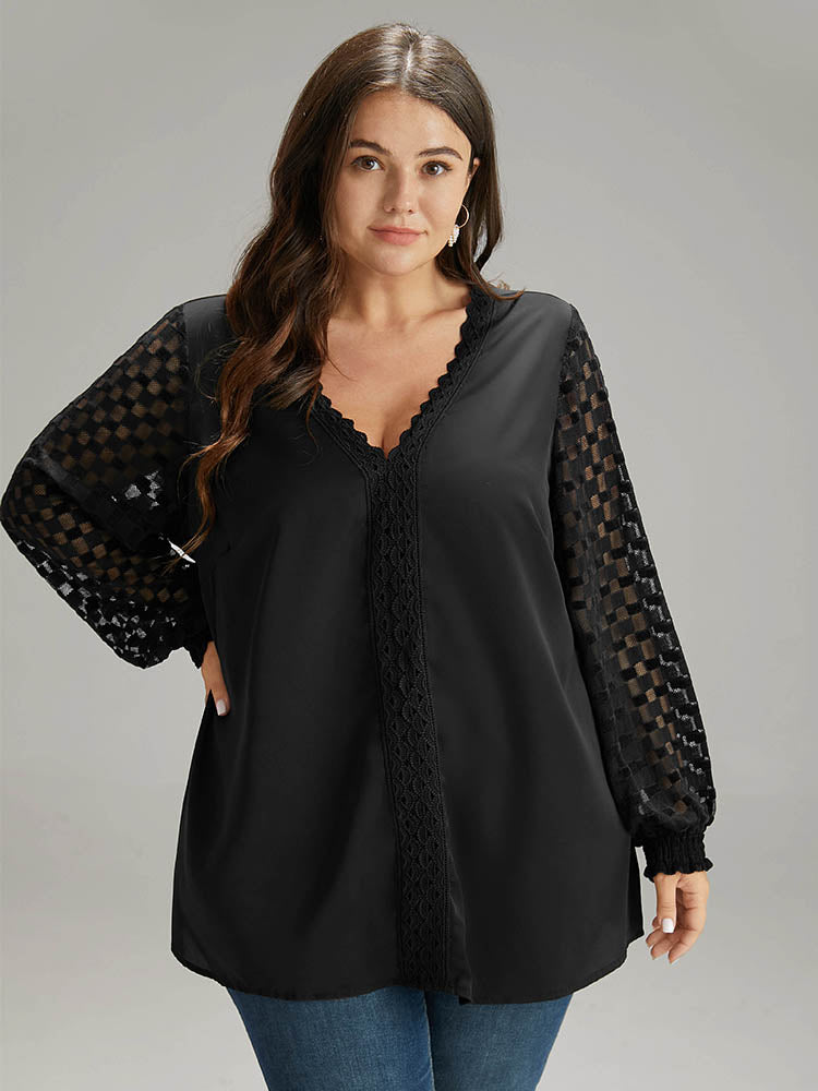 Lace Panel V Neck Shirred Mesh Blouse