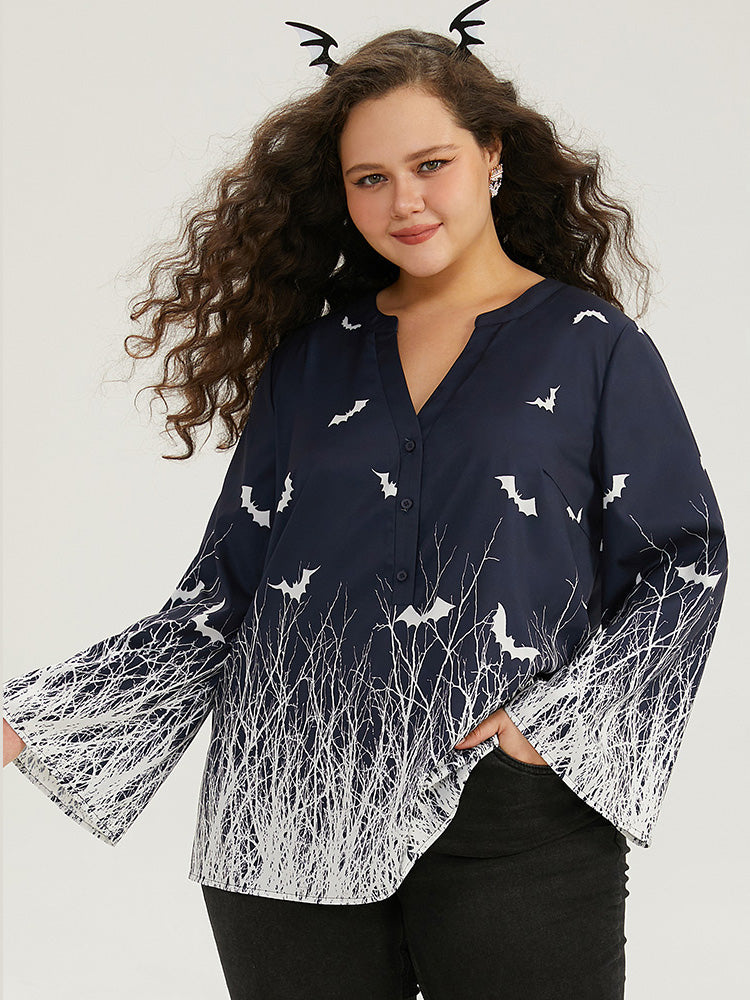 Halloween Silhouette Floral Print Bat Flutter Sleeve Blouse