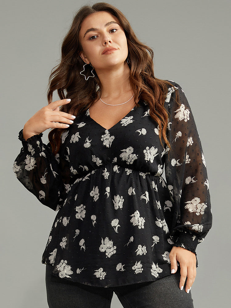 Silhouette Floral Print Gathered Shirred Blouse