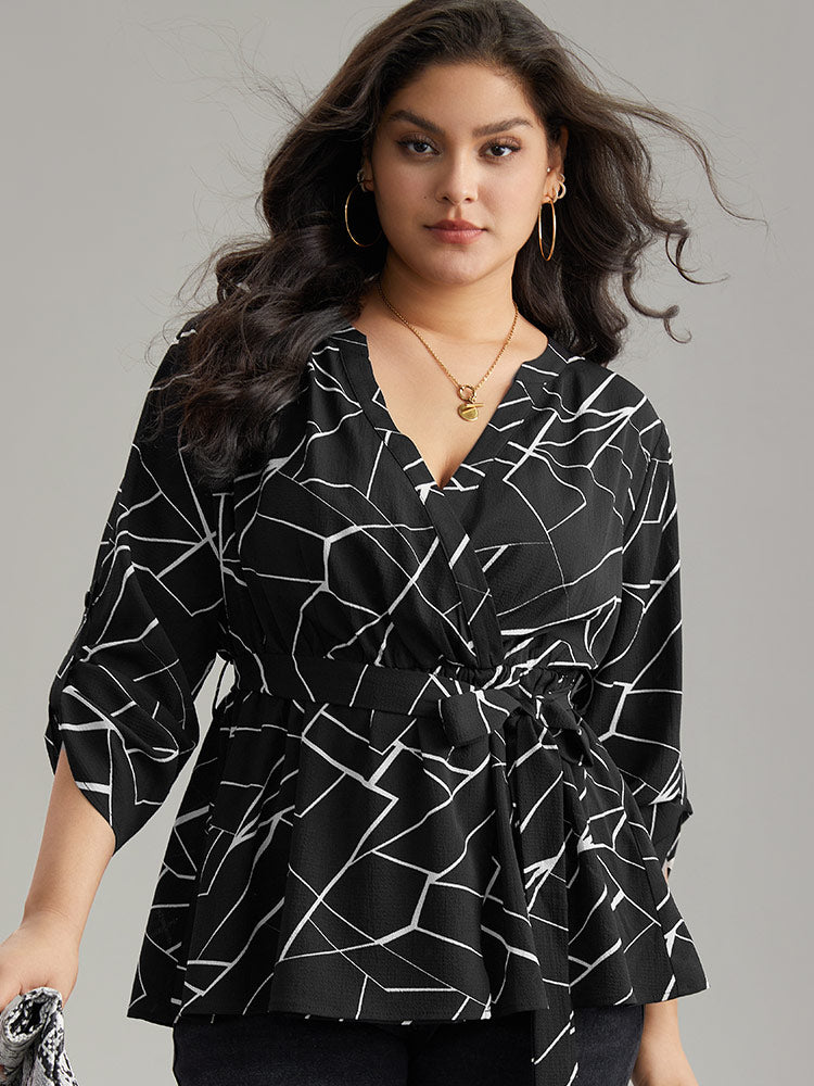 Geometric Print Tab Sleeve Belted Wrap Blouse