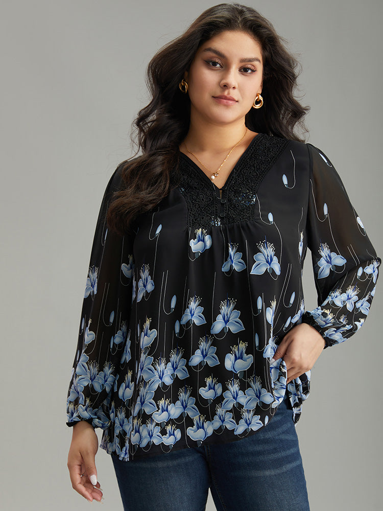 Boho Print Lace Patchwork Mesh Button Up Blouse