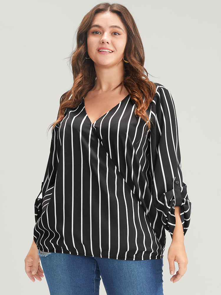 Striped Wrap Cuffed Sleeve Blouse