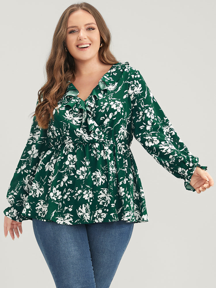 Floral Ruffles Trim Lantern Sleeve Blouse