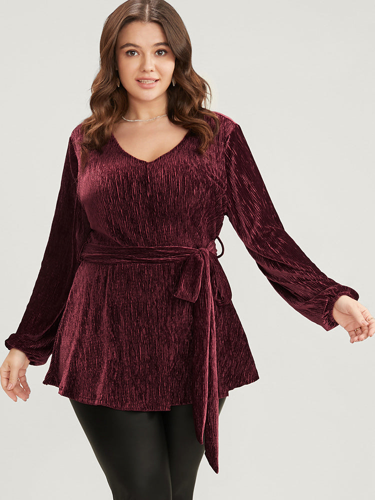 Glitter Textured Lantern Sleeve Belted Ruffle Blouse