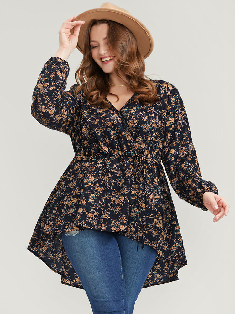 Floral Wrap Lantern Sleeve High Low Hem Blouse Without Hat