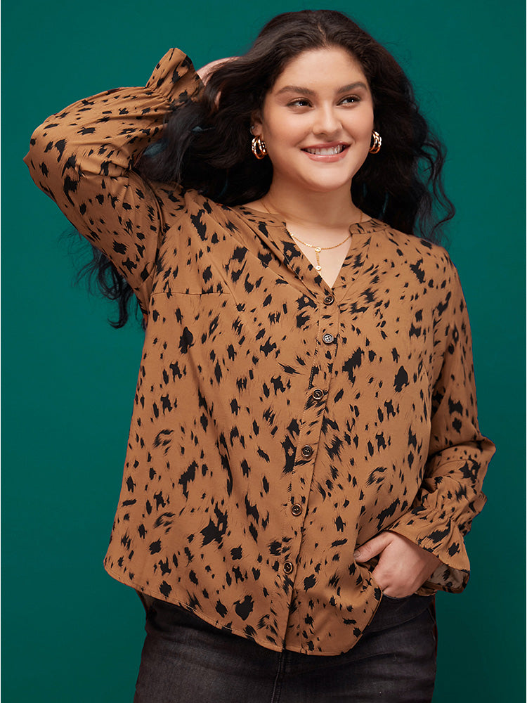 Leopard Print Button Up Split Hem V Neck Blouse