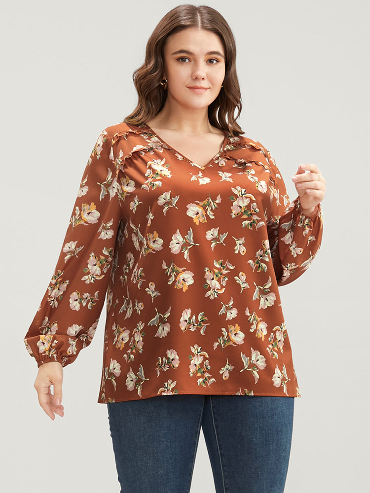 Floral V Neck Ruffles Trim Lantern Sleeve Blouse