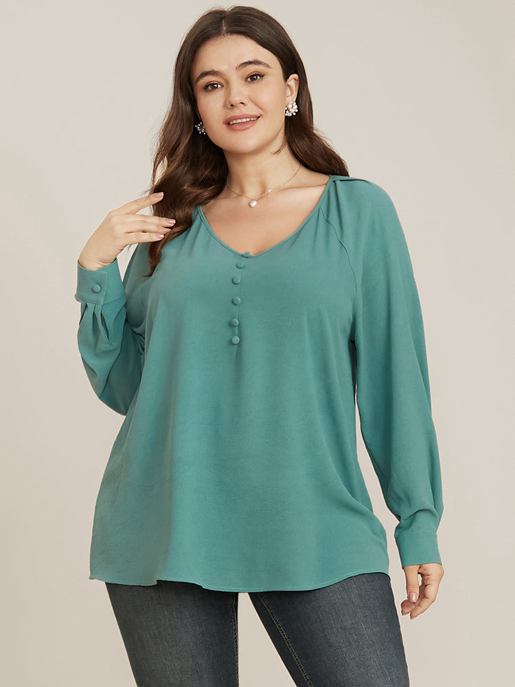 Solid V Neck Button Detail Blouse