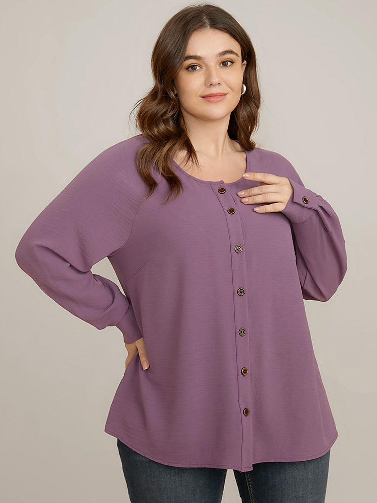 Solid Button Up Crew Neck Blouse