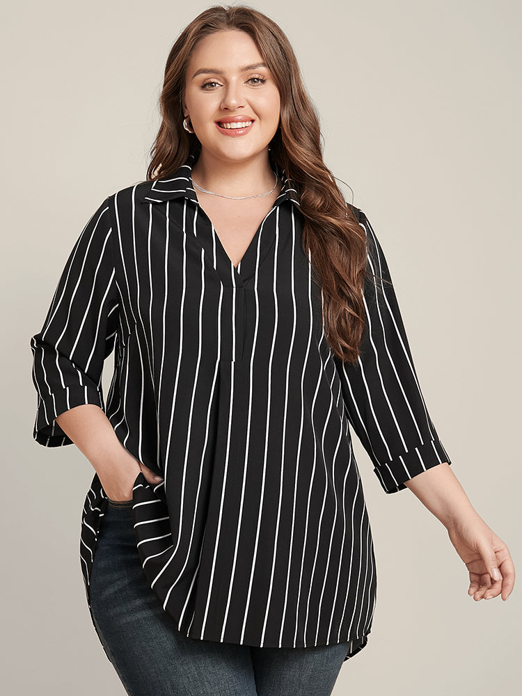 Striped Contrast V Neck Asymmetrical Hem Blouse