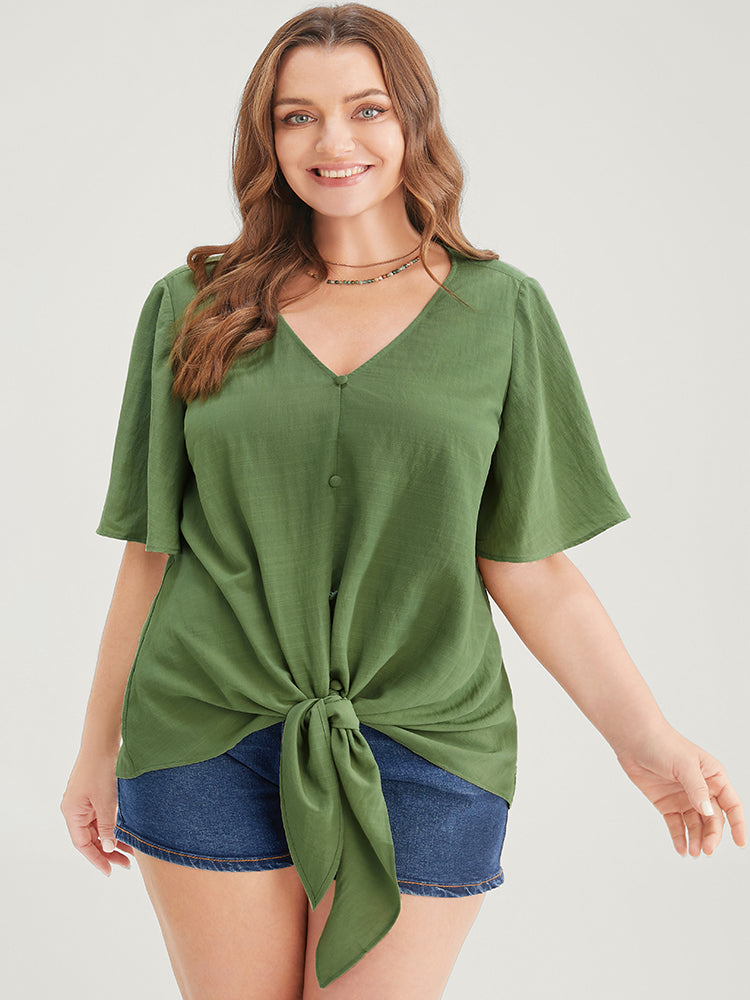 Plain Ruffle Sleeve Knot Front Button Detail Blouse